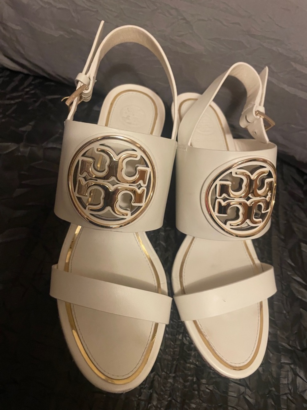 Women's White Slingback Sandals with Gold Emblem